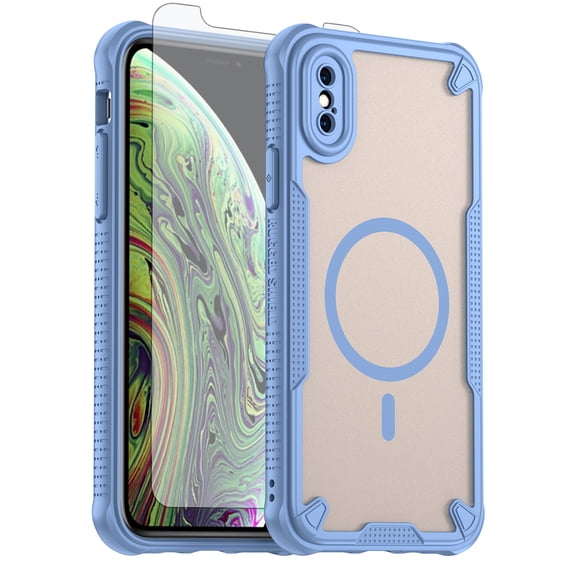 Asuwish Phone Case for iPhone X 10 Compatible with Magsafe Magnetic Tempered Glass Screen Protector Translucent Matte Back Shockproof Protective Cell Cover iPhoneX iPhone10 iPX 10x Women Men Blue