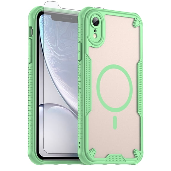 Asuwish Phone Case for iPhone XR 6.1 Compatible with Magsafe Magnetic Tempered Glass Screen Protector Translucent Matte Back Shockproof Protective Cell Cover iPhoneXR iP10R 10XR 10RX Women Men Green