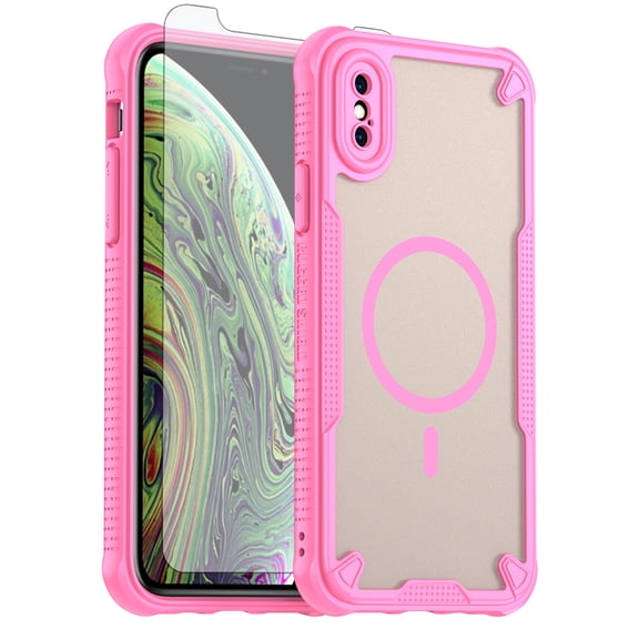 Asuwish Phone Case for iPhone Xs 10s Compatible with Magsafe Magnetic Tempered Glass Screen Protector Translucent Matte Back Shockproof Protective Cell Cover iPhoneXs i PhoneSX 10xs Women Men Pink