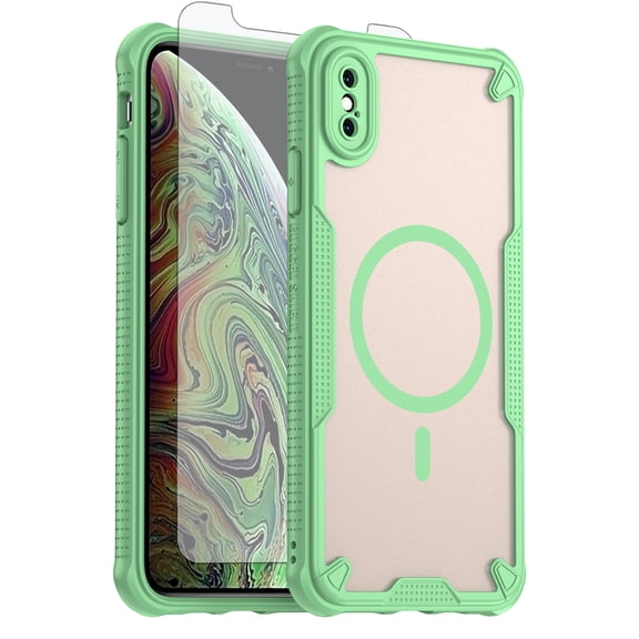 Asuwish Phone Case for iPhone Xs Max Compatible with Magsafe Magnetic Tempered Glass Screen Protector Translucent Matte Back Shockproof Protective Cell Cover i 10Xsmax 10xs 10s 10Plus Women Men Green