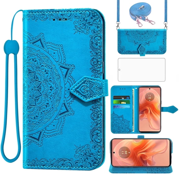 Asuwish Screen Protector Included Mandala Flower Hard Shell Wallet Cell Phone Case with Tempered Glass Screen Protector for Motorola Moto G04/G04S/G24/E14, Blue