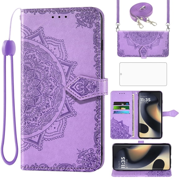 Asuwish Screen Protector Included Mandala Flower Hard Shell Wallet Cell Phone Case with Tempered Glass Screen Protector for Motorola Motorola Edge 5G 2024, Purple