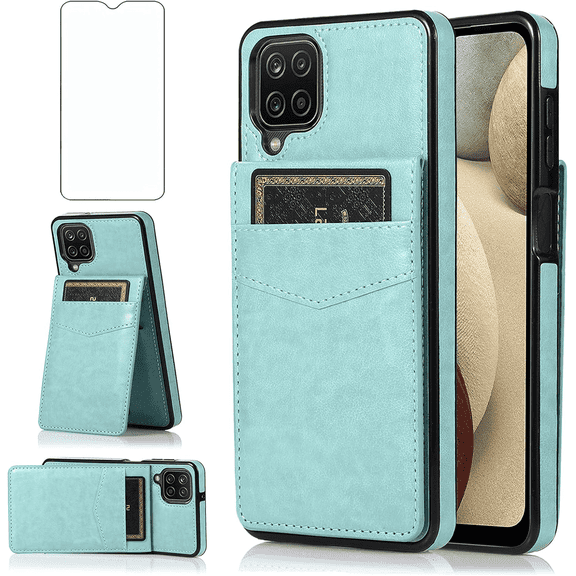 Asuwish Screen Protector Included PU Leather Soft Shell Wallet Cell Phone Case with Screen Protector for Samsung Galaxy A12 5G, Teal
