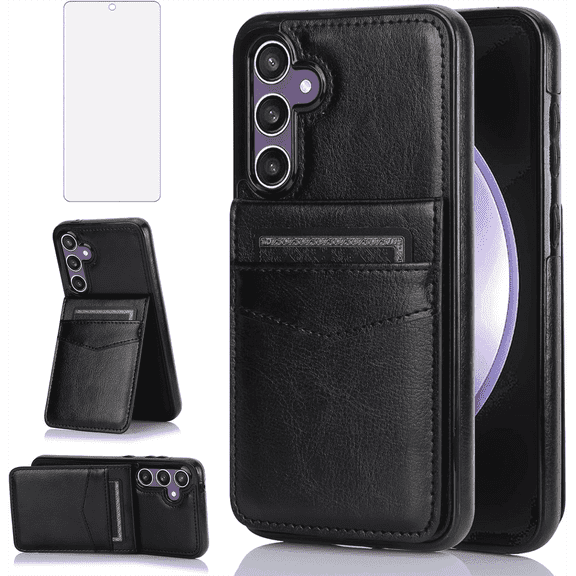 Asuwish Screen Protector Included PU Leather Soft Shell Wallet Cell Phone Case with Screen Protector for Samsung Galaxy S23 FE, Black