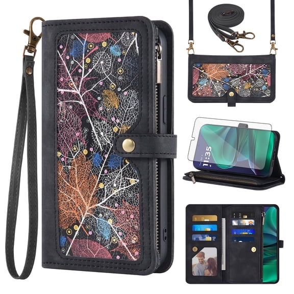 Asuwish Vintage Leather Flip Wallet Case with Kickstand, Embossed Pattern, Zipper Slot, Crossbody & Wrist Strap, Tempered Glass for Motorola Moto G Stylus 5G 2025, Black