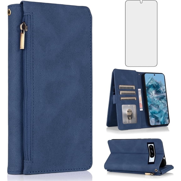 Asuwish Wallet Kickstand Hard Shell Cell Phone Case with Tempered Glass Screen Protector for Google Pixel 8 Pro, Blue