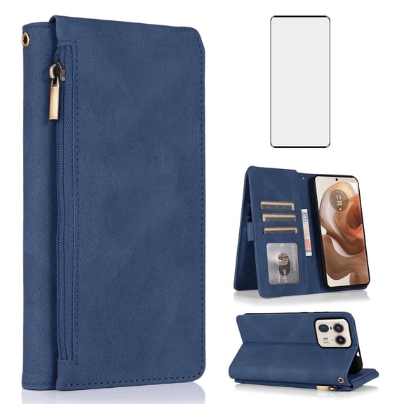 Asuwish Wallet Kickstand Hard Shell Cell Phone Case with Tempered Glass Screen Protector for Motorola Moto Edge 50 Ultra / Moto X50 Ultra, Blue