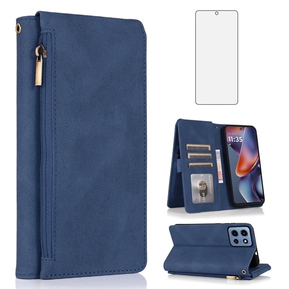 Asuwish Wallet Kickstand Hard Shell Cell Phone Case with Tempered Glass Screen Protector for Motorola Moto G 5G 2025, Blue