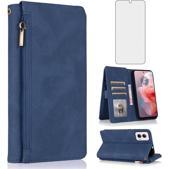 Asuwish Wallet Kickstand Hard Shell Cell Phone Case with Tempered Glass Screen Protector for Motorola Moto G Power 5G 2024, Blue