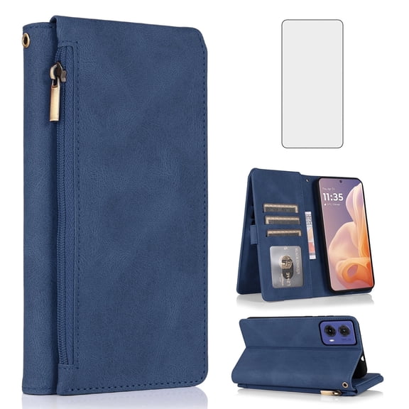 Asuwish Wallet Kickstand Hard Shell Cell Phone Case with Tempered Glass Screen Protector for Motorola Moto G85, Blue