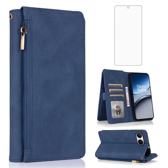 Asuwish Wallet Kickstand Hard Shell Cell Phone Case with Tempered Glass Screen Protector for Oneplus Nord 4, Blue