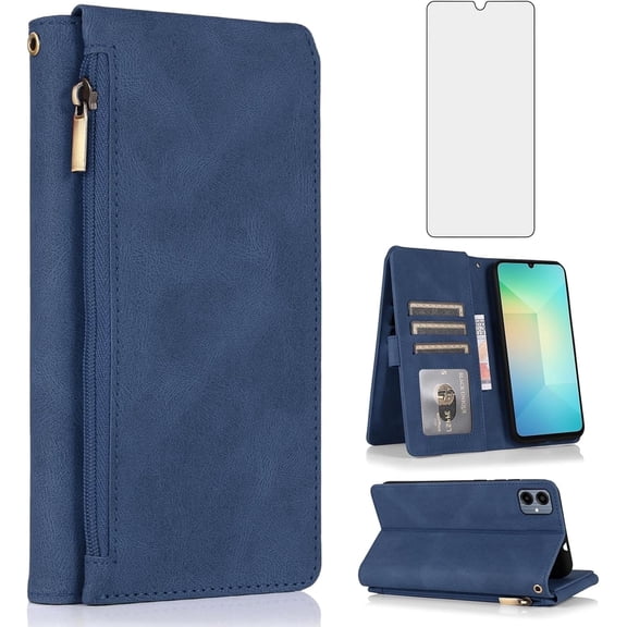 Asuwish Wallet Kickstand Hard Shell Cell Phone Case with Tempered Glass Screen Protector for Samsung Galaxy A06, Blue