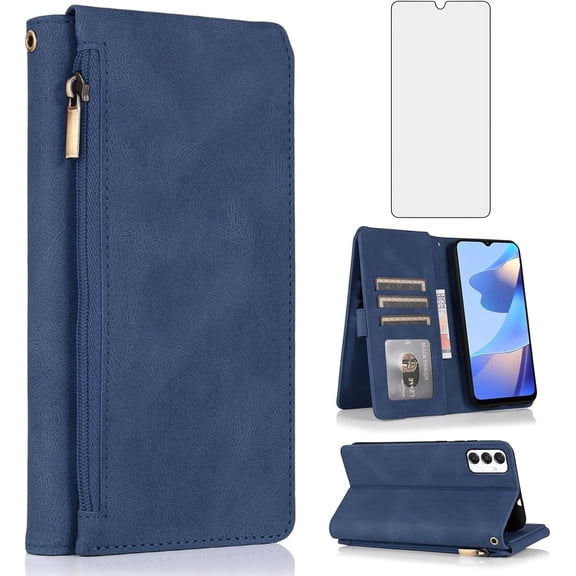 Asuwish Wallet Kickstand Hard Shell Cell Phone Case with Tempered Glass Screen Protector for Samsung Galaxy A16, Blue