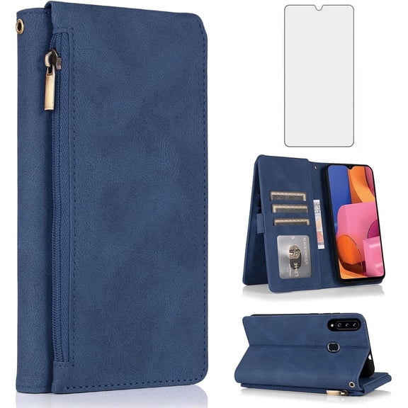 Asuwish Wallet Kickstand Hard Shell Cell Phone Case with Tempered Glass Screen Protector for Samsung Galaxy A20s, Blue