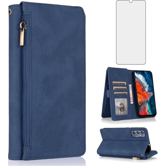 Asuwish Wallet Kickstand Hard Shell Cell Phone Case with Tempered Glass Screen Protector for Samsung Galaxy A25, Blue