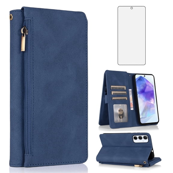 Asuwish Wallet Kickstand Hard Shell Cell Phone Case with Tempered Glass Screen Protector for Samsung Galaxy A55 5G, Blue