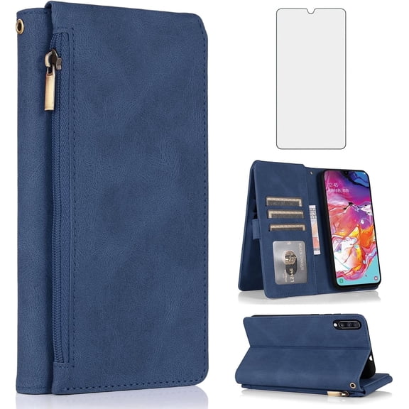 Asuwish Wallet Kickstand Hard Shell Cell Phone Case with Tempered Glass Screen Protector for Samsung Galaxy A70 / A70s, Blue