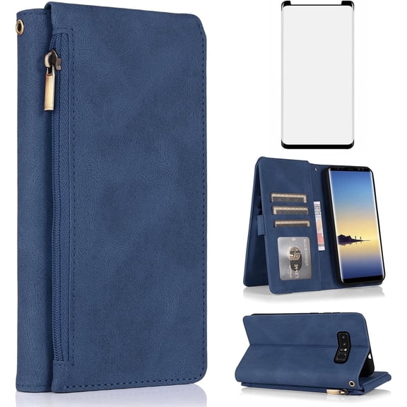 Asuwish Wallet Kickstand Hard Shell Cell Phone Case with Tempered Glass Screen Protector for Samsung Galaxy Note 8, Blue