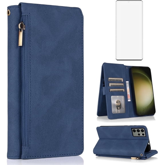 Asuwish Wallet Kickstand Hard Shell Cell Phone Case with Tempered Glass Screen Protector for Samsung Galaxy S23 Ultra, Blue