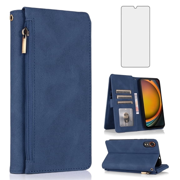 Asuwish Wallet Kickstand Hard Shell Cell Phone Case with Tempered Glass Screen Protector for Samsung Galaxy XCover7, Blue