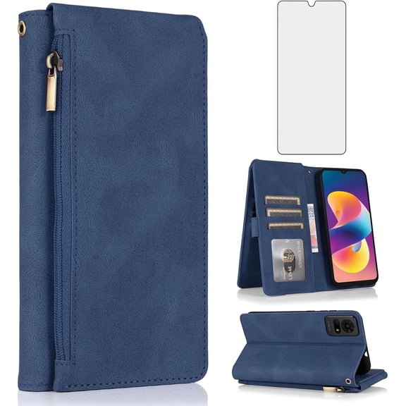 Asuwish Wallet Kickstand Hard Shell Cell Phone Case with Tempered Glass Screen Protector for TCL 50 Le / TCL K23 / TCL K24, Blue