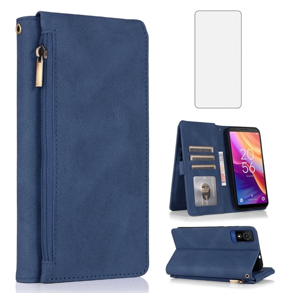 Asuwish Wallet Kickstand Hard Shell Cell Phone Case with Tempered Glass Screen Protector for TCL 501, Blue