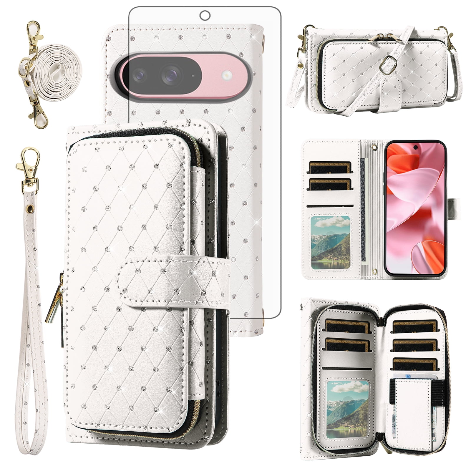 Asuwish Wallet Phone Case for Google Pixel 9/10/9Pro/10pro 5G Tempered Glass Screen Protector Bling Glitter Crossbody Lanyard Strap Flip Zipper Purse Card Holder Cell Cover Pixel9 Pixel10 Women White