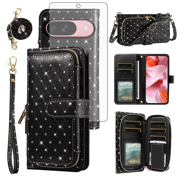 Asuwish Wallet Phone Case for Google Pixel 9/10/9Pro/10pro 5G Tempered Glass Screen Protector Bling Glitter Crossbody Lanyard Strap Flip Zipper Purse Card Holder Cell Cover Pixel9 Pixel10 Women Black