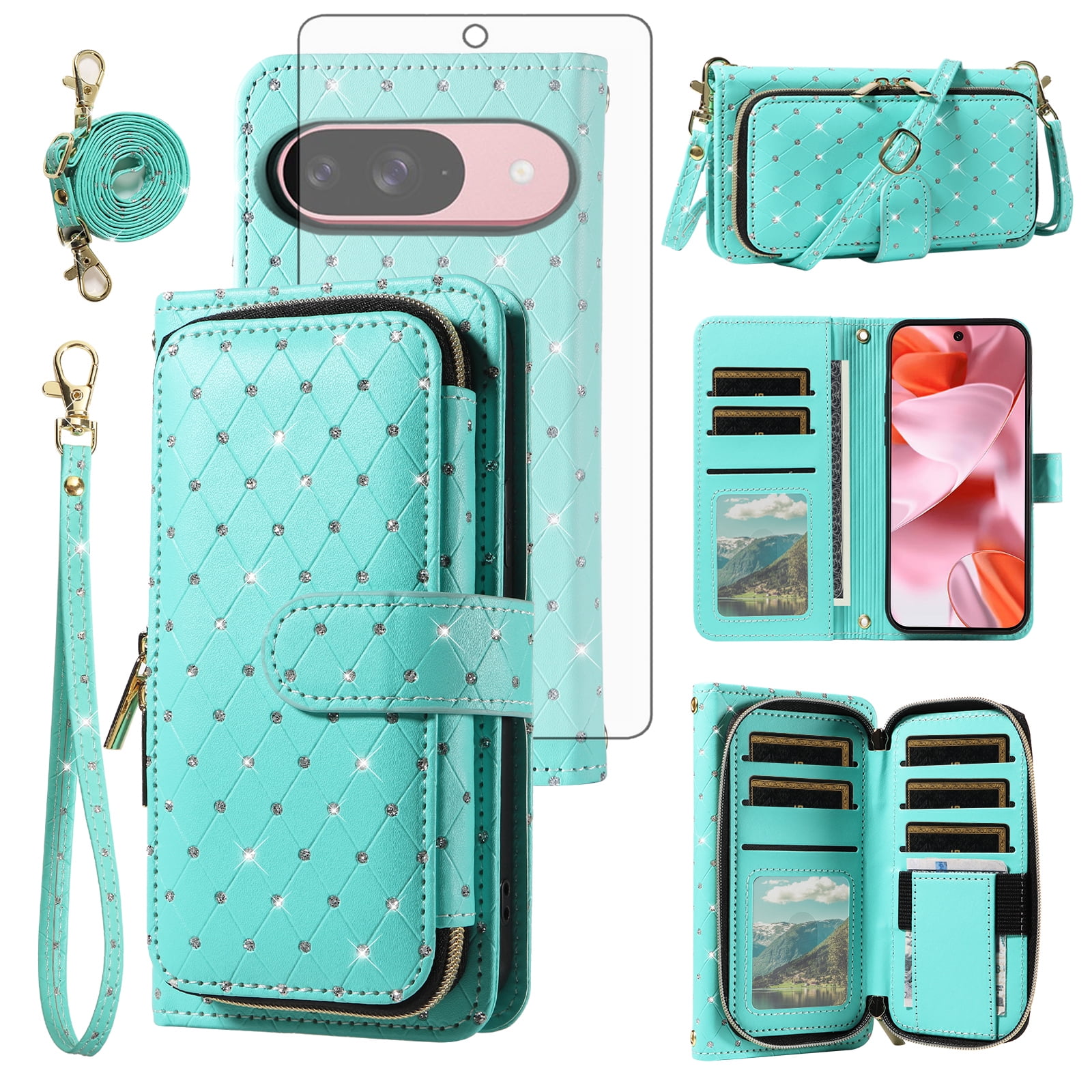 Asuwish Wallet Phone Case for Google Pixel 9/10/9Pro/10pro 5G Tempered Glass Screen Protector Bling Glitter Crossbody Lanyard Strap Flip Zipper Purse Card Holder Cell Cover Pixel9 Pixel10 Women Green