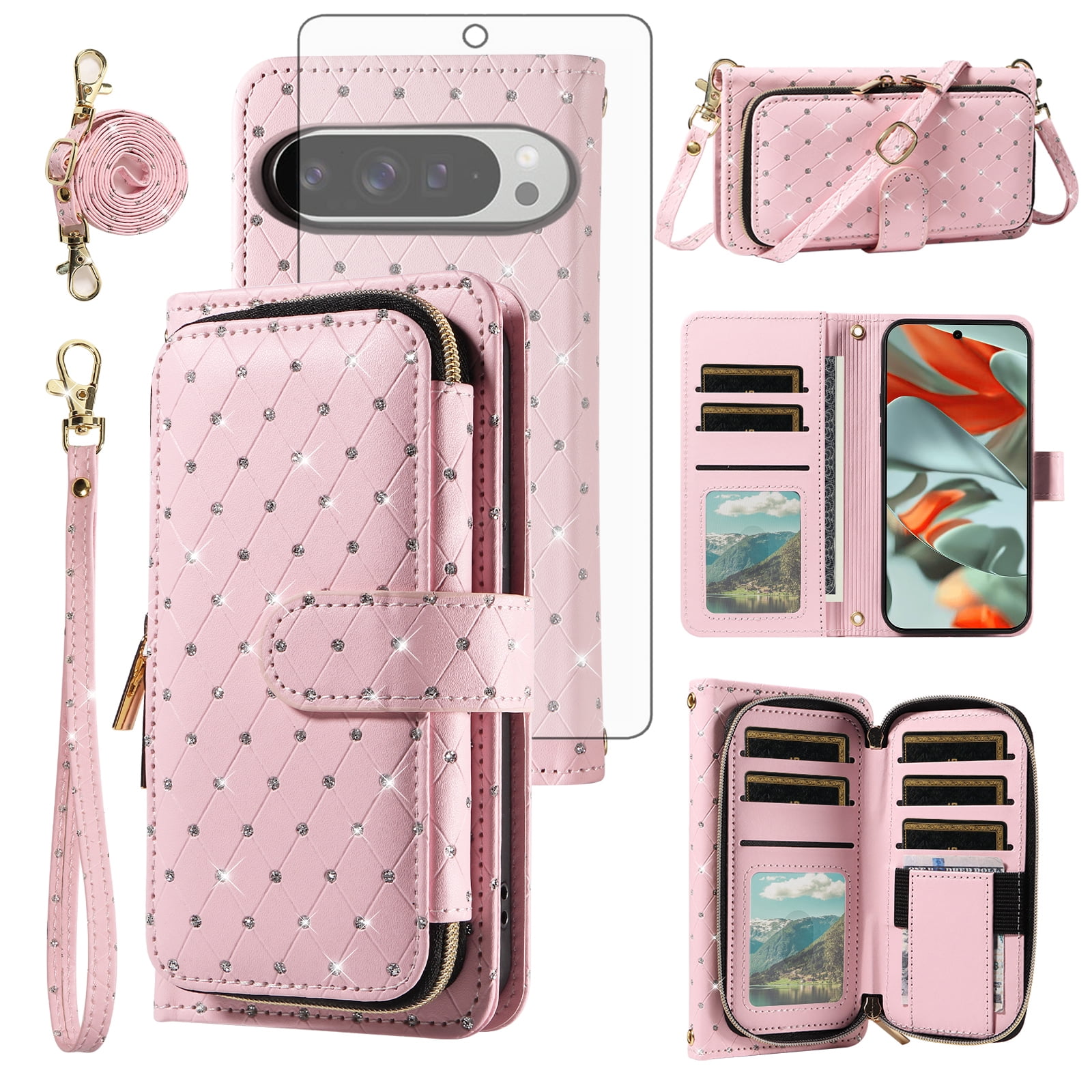 Asuwish Wallet Phone Case for Google Pixel 9 Pro XL/10 pro XL Tempered Glass Screen Protector Bling Glitter Crossbody Lanyard Strap Flip Zipper Purse Card Holder Cell Cover Pixel9ProXL 10proXL Pink