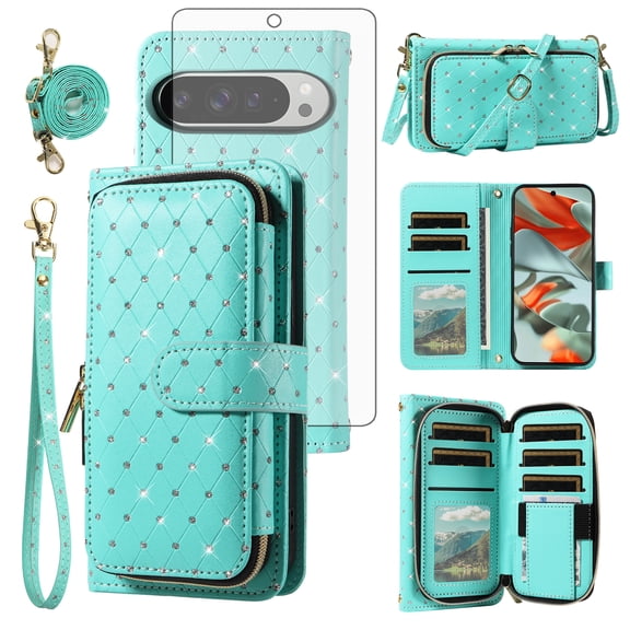 Asuwish Wallet Phone Case for Google Pixel 9 Pro XL/10 pro XL Tempered Glass Screen Protector Bling Glitter Crossbody Lanyard Strap Flip Zipper Purse Card Holder Cell Cover Pixel9ProXL 10proXL Green