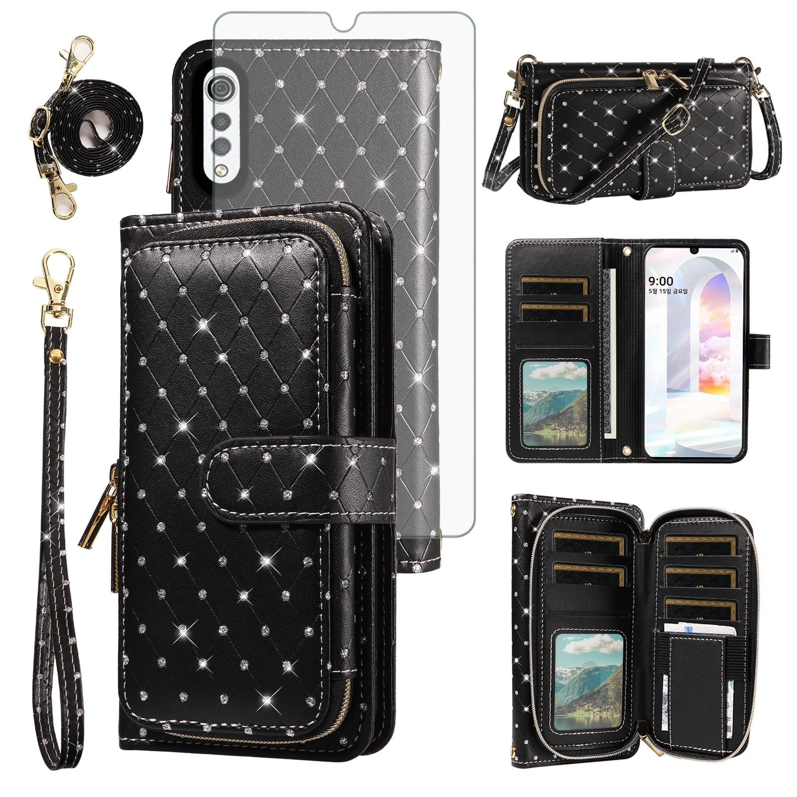 Asuwish Wallet Phone Case for LG Velvet 5G/LGVelvet Verizon G5 UW T-mobile 2020 Tempered Glass Screen Protector Bling Glitter Crossbody Lanyard Strap Flip Zipper Purse Card Holder Cell Cover Black
