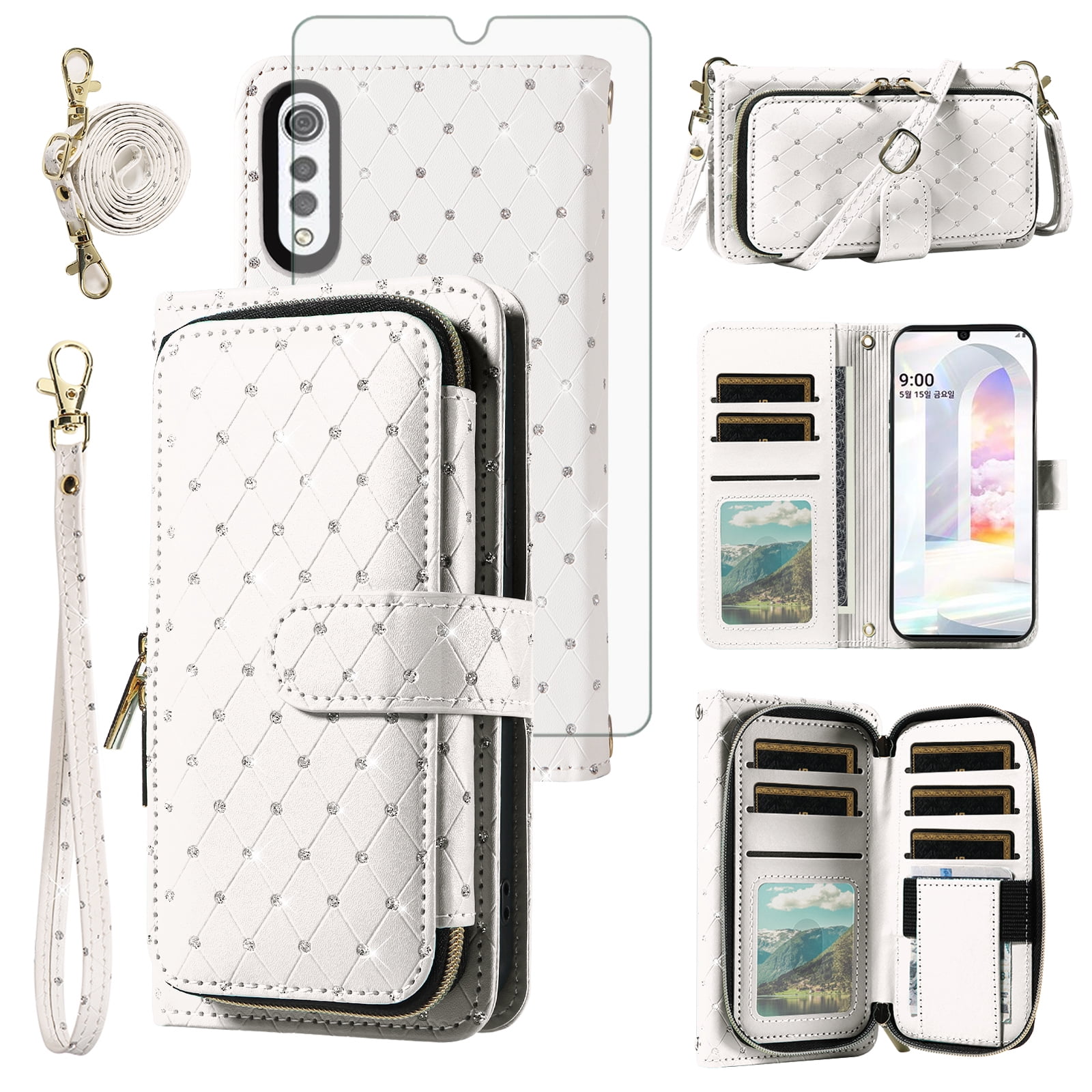 Asuwish Wallet Phone Case for LG Velvet 5G/LGVelvet Verizon G5 UW T-mobile 2020 Tempered Glass Screen Protector Bling Glitter Crossbody Lanyard Strap Flip Zipper Purse Card Holder Cell Cover White