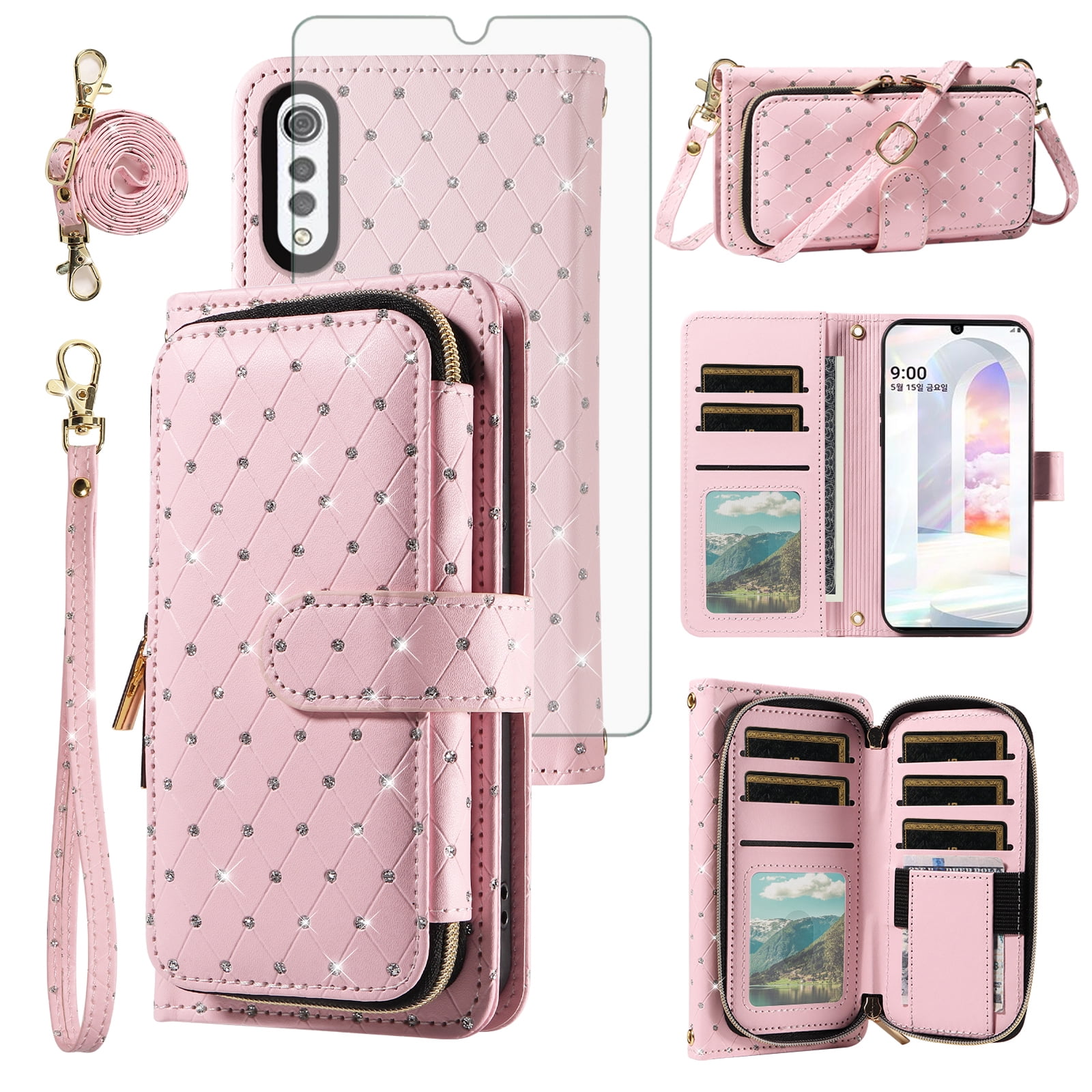 Asuwish Wallet Phone Case for LG Velvet 5G/LGVelvet Verizon G5 UW T-mobile 2020 Tempered Glass Screen Protector Bling Glitter Crossbody Lanyard Strap Flip Zipper Purse Card Holder Cell Cover pink