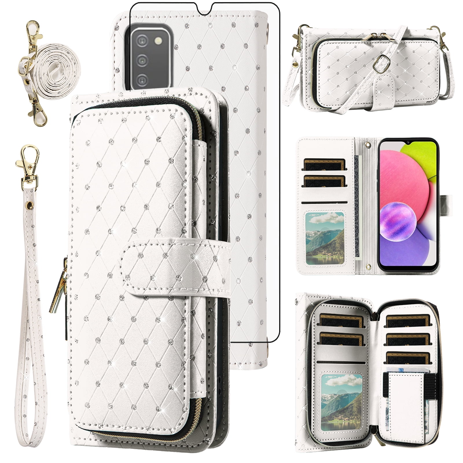 Asuwish Wallet Phone Case for Samsung Galaxy A03s US Version 5G 2022 Tempered Glass Screen Protector Bling Glitter Crossbody Lanyard Strap Flip Zipper Purse Card Holder Cell Cover 03s SM-A037U White