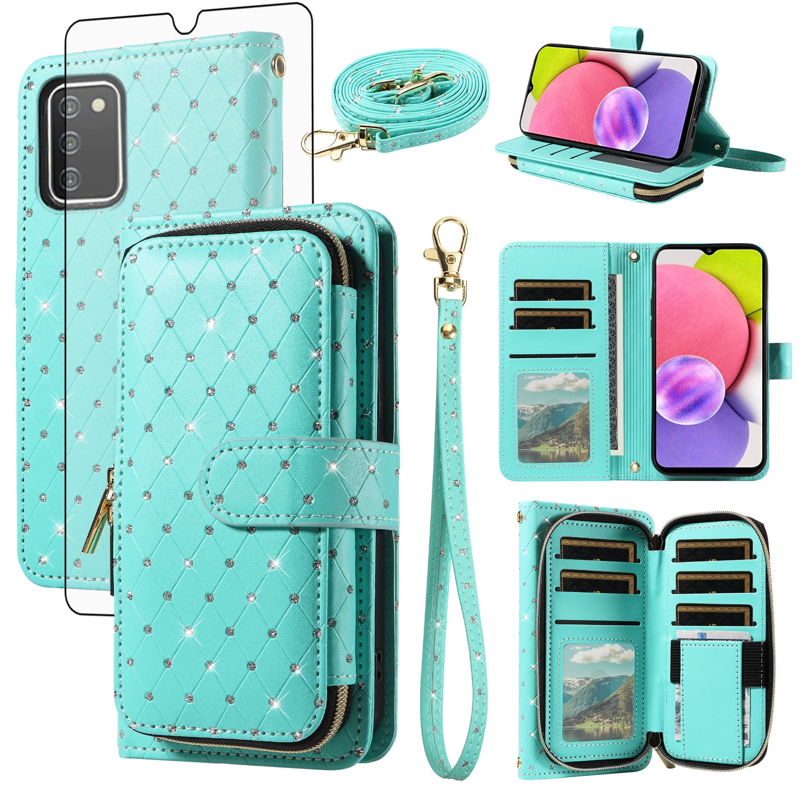 Asuwish Wallet Phone Case for Samsung Galaxy A03s US Version 5G 2022 Tempered Glass Screen Protector Bling Glitter Crossbody Lanyard Strap Flip Zipper Purse Card Holder Cell Cover 03s SM-A037U Green