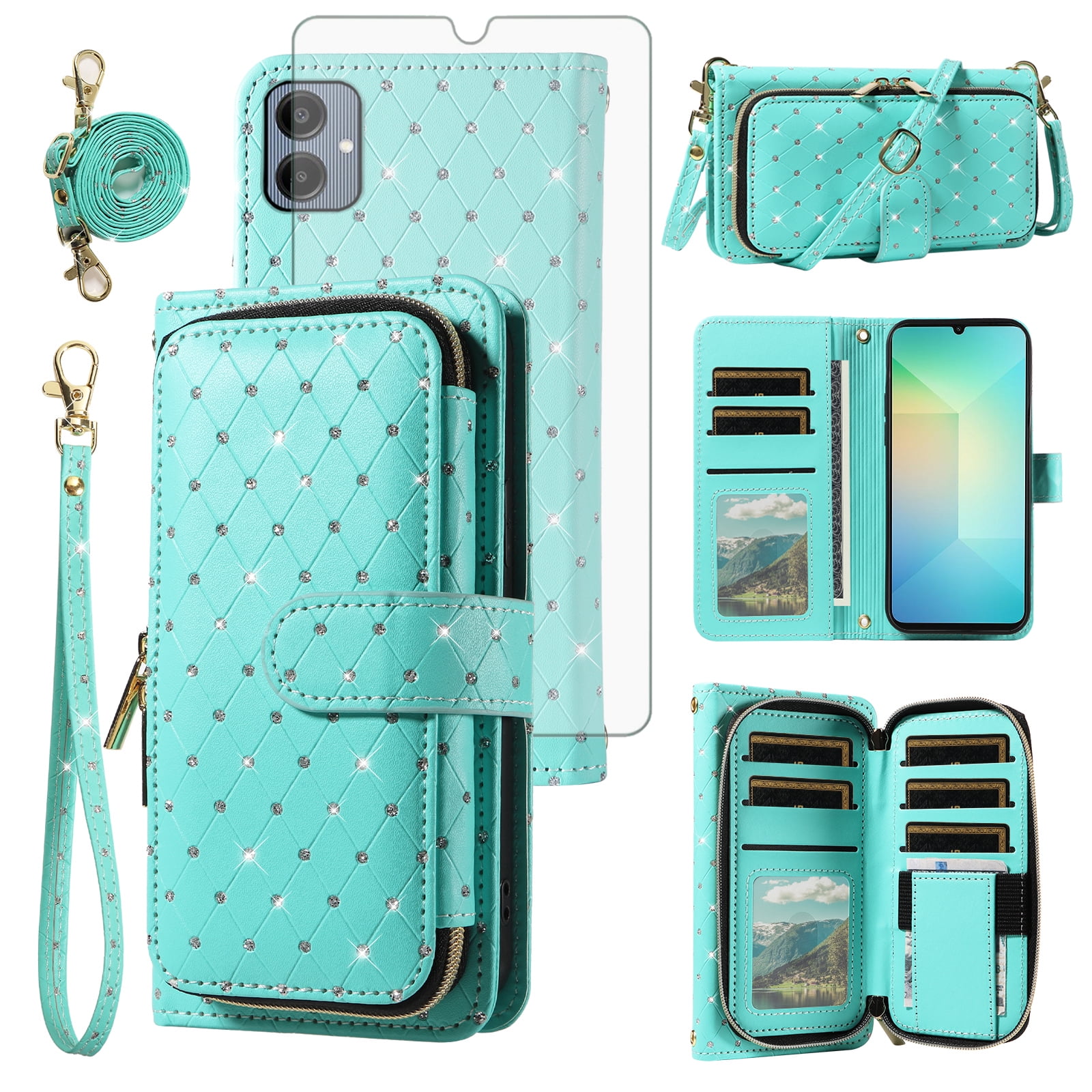 Asuwish Wallet Phone Case for Samsung Galaxy A06 5G and Tempered Glass Screen Protector Bling Glitter Crossbody Lanyard Strap Flip Zipper Purse Card Holder Cell Cover Ao6 A 06 4G LTE Women Men Green