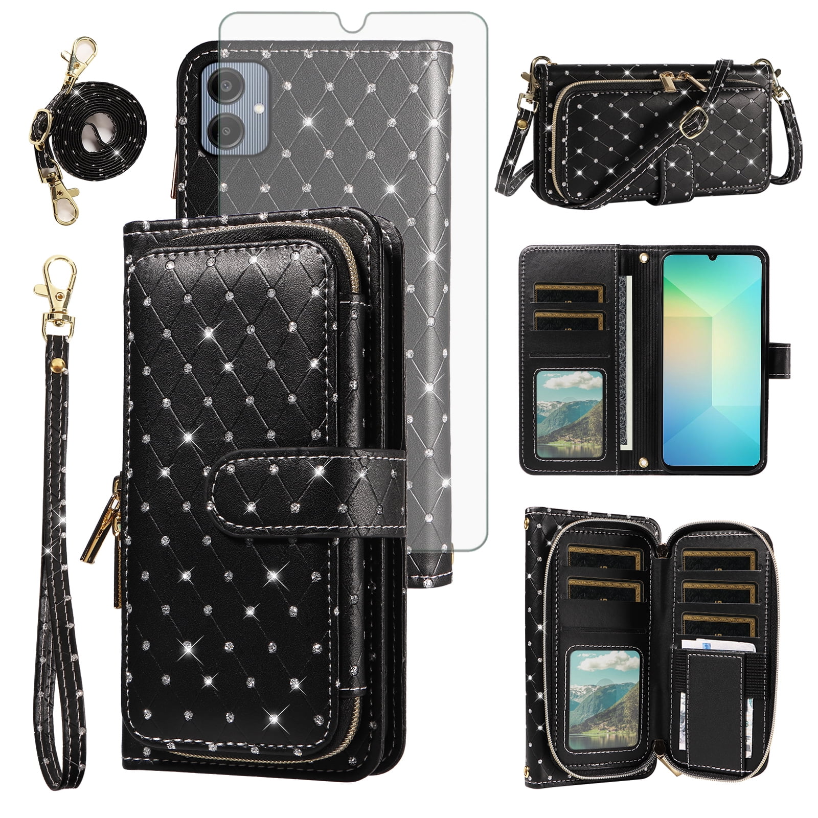 Asuwish Wallet Phone Case for Samsung Galaxy A06 5G and Tempered Glass Screen Protector Bling Glitter Crossbody Lanyard Strap Flip Zipper Purse Card Holder Cell Cover Ao6 A 06 4G LTE Women Men Black