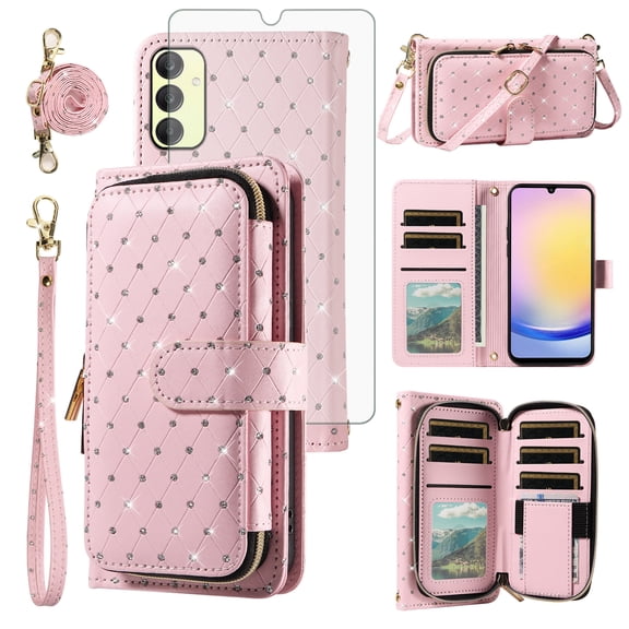 Asuwish Wallet Phone Case for Samsung Galaxy A25 5G Tempered Glass Screen Protector Bling Glitter Crossbody Lanyard Strap Flip Zipper Purse Card Holder Cell Cover A 25 25A SM-A256U Women Men Pink