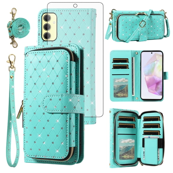 Asuwish Wallet Phone Case for Samsung Galaxy A35 5G and Tempered Glass Screen Protector Bling Glitter Crossbody Lanyard Strap Flip Zipper Purse Card Holder Cell Cover A 35 35A A355G Women Men Green