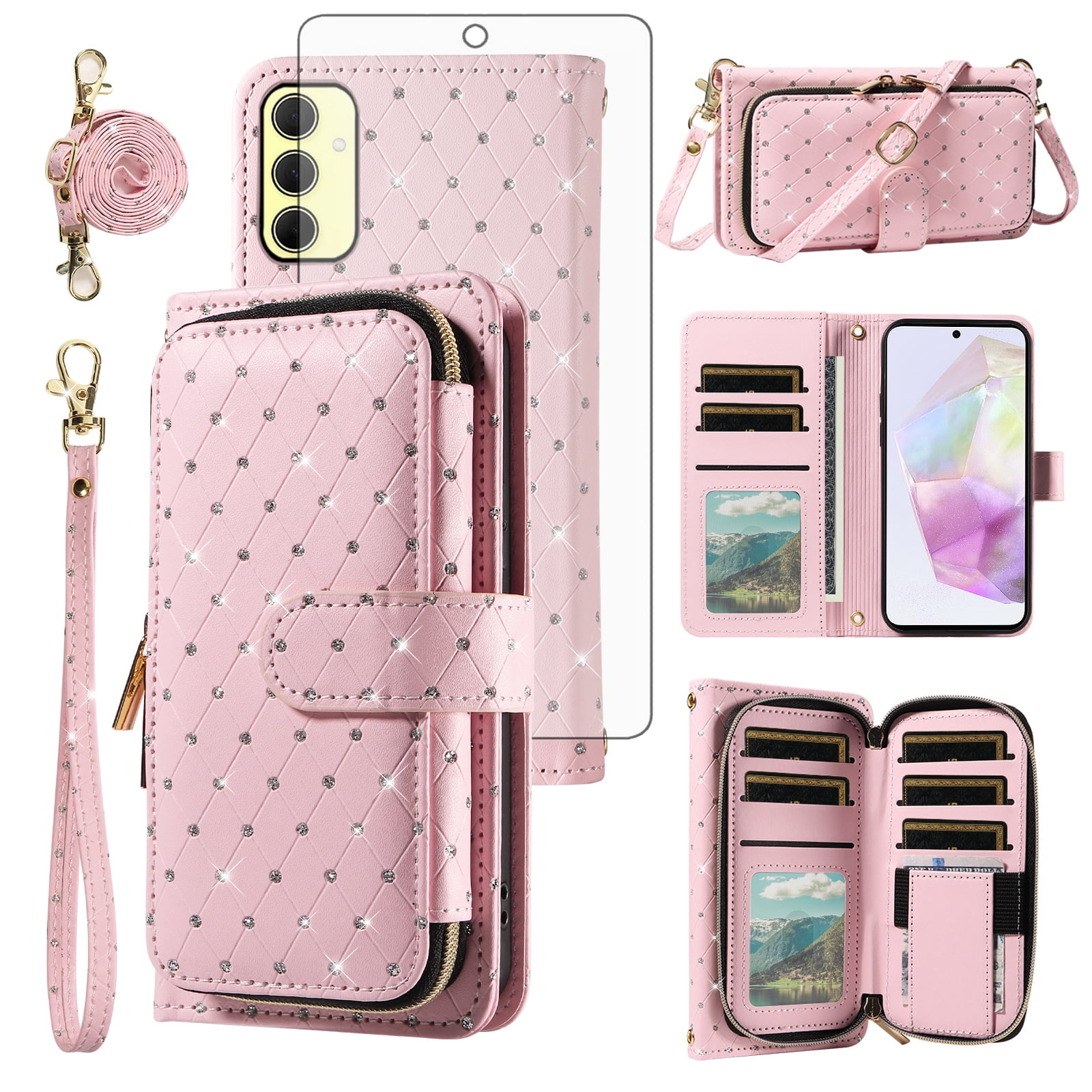 Asuwish Wallet Phone Case for Samsung Galaxy A35 5G and Tempered Glass Screen Protector Bling Glitter Crossbody Lanyard Strap Flip Zipper Purse Card Holder Cell Cover A 35 35A A355G Women Men Pink
