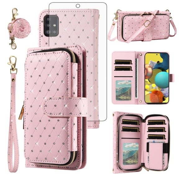 Asuwish Wallet Phone Case for Samsung Galaxy A51 5G/A 51 5G UW Verizon Tempered Glass Screen Protector Bling Glitter Crossbody Lanyard Strap Flip Zipper Purse Card Holder Cell Cover 51A Women Pink