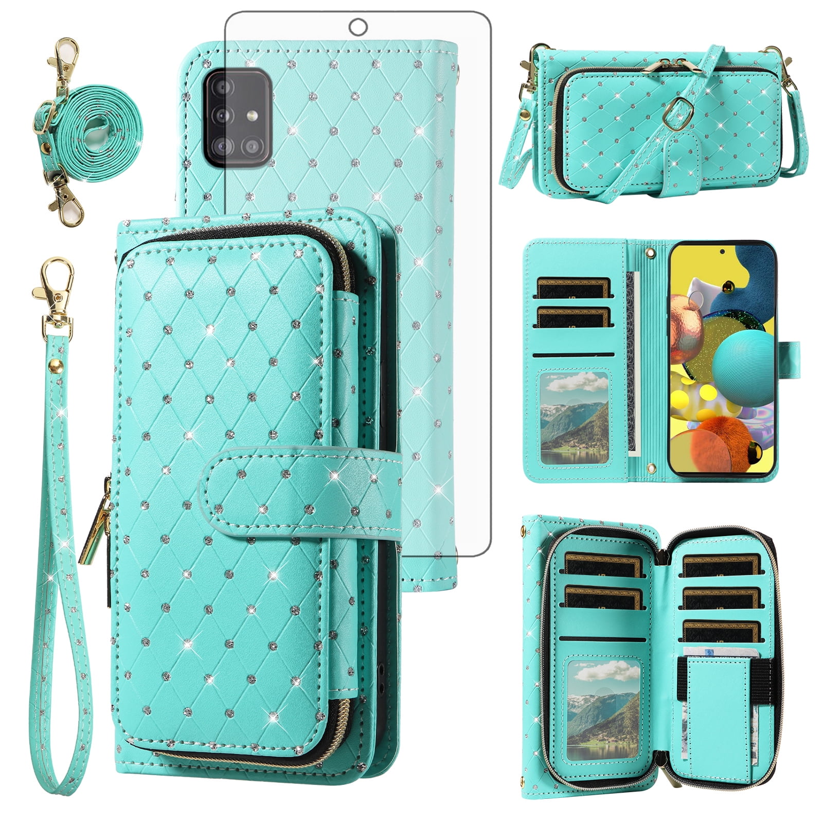 Asuwish Wallet Phone Case for Samsung Galaxy A51 5G/A 51 5G UW Verizon Tempered Glass Screen Protector Bling Glitter Crossbody Lanyard Strap Flip Zipper Purse Card Holder Cell Cover 51A Women Green