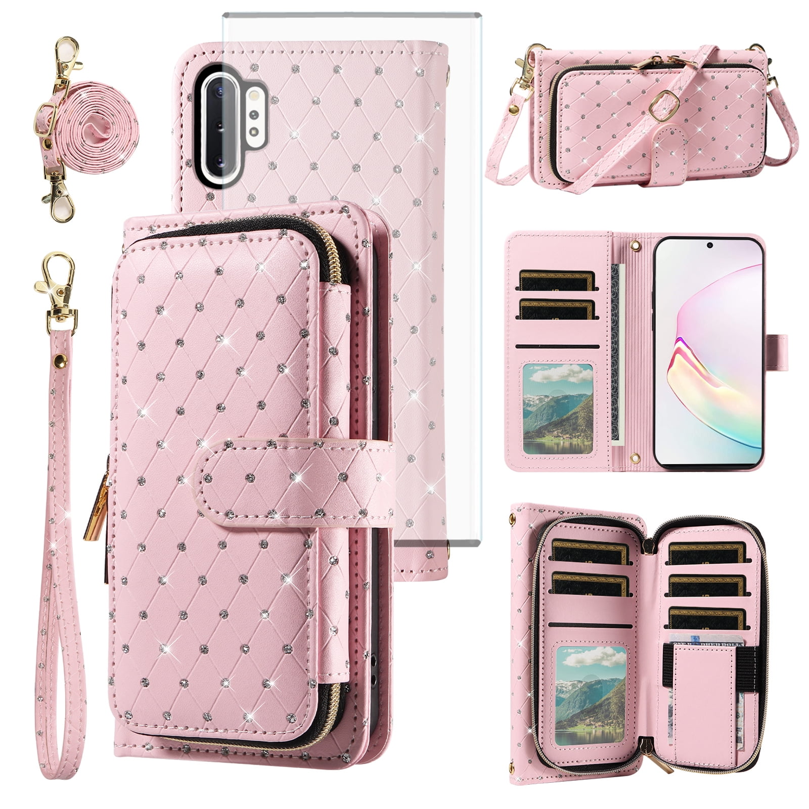 Asuwish Wallet Phone Case for Samsung Galaxy Note 10 Plus Note10+ 5G Tempered Glass Screen Protector Bling Glitter Crossbody Lanyard Strap Flip Zipper Purse Card Holder Cell Cover N10Pro Women Pink