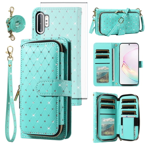 Asuwish Wallet Phone Case for Samsung Galaxy Note 10 Plus Note10+ 5G Tempered Glass Screen Protector Bling Glitter Crossbody Lanyard Strap Flip Zipper Purse Card Holder Cell Cover N10Pro Women Green