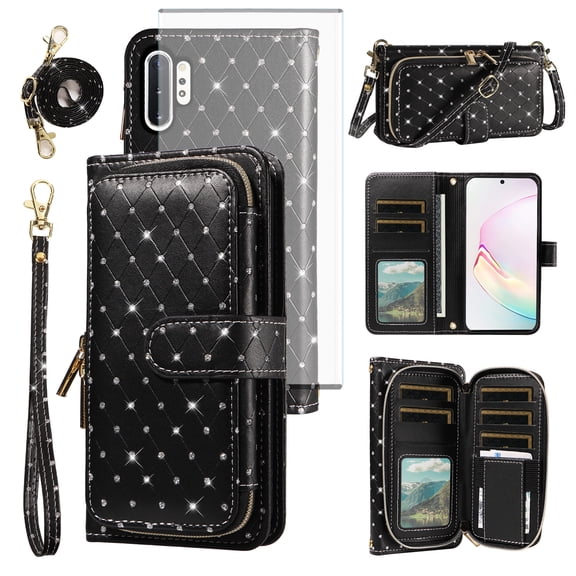 Asuwish Wallet Phone Case for Samsung Galaxy Note 10 Plus Note10+ 5G Tempered Glass Screen Protector Bling Glitter Crossbody Lanyard Strap Flip Zipper Purse Card Holder Cell Cover N10Pro Women Black