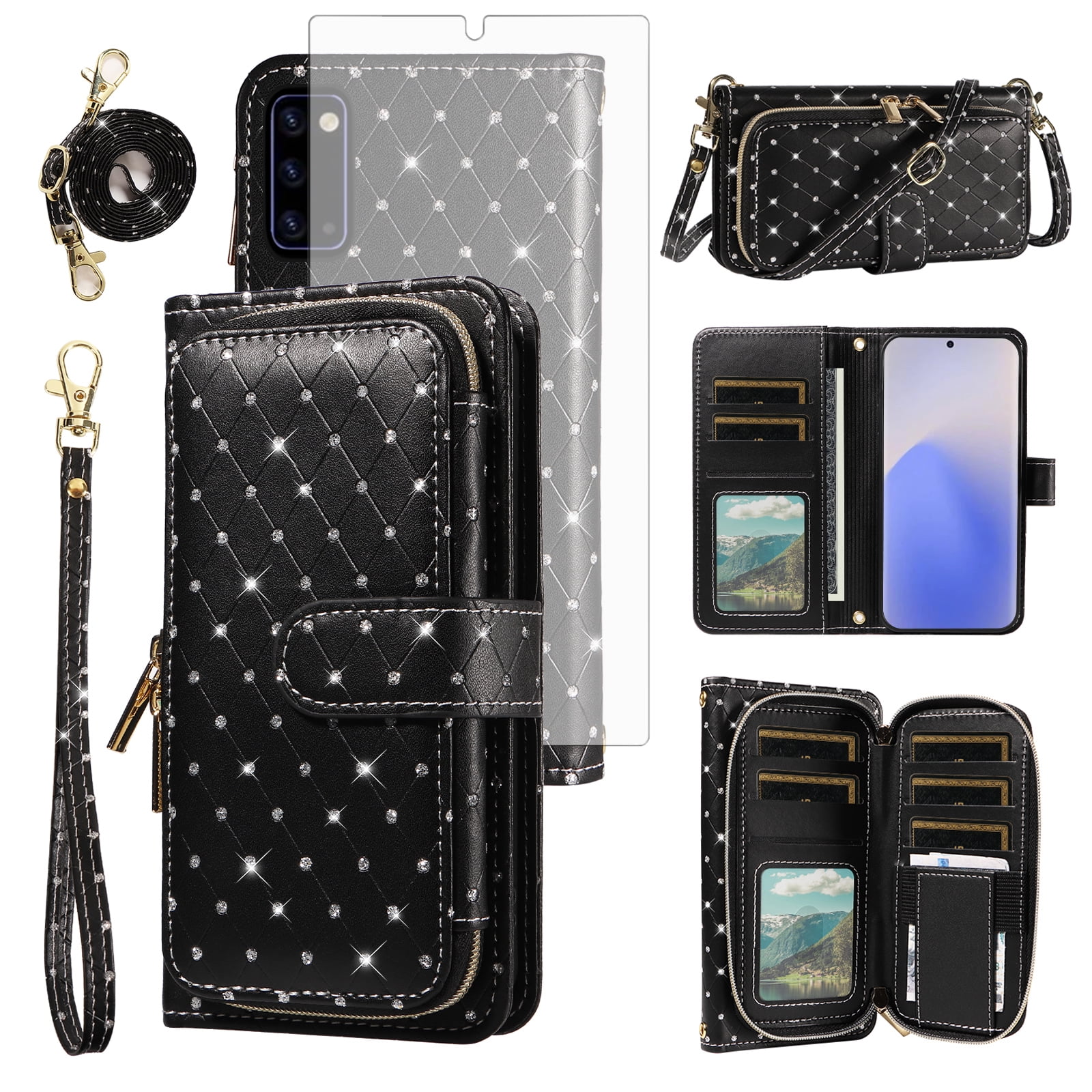 Asuwish Wallet Phone Case for Samsung Galaxy Note 20 5G Tempered Glass Screen Protector Bling Glitter Crossbody Lanyard Strap Flip Zipper Purse Card Holder Cell Cover Note20 Notes 20s Women Black