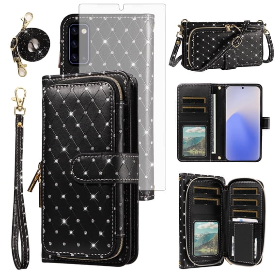 Asuwish Wallet Phone Case for Samsung Galaxy Note 20 5G Tempered Glass Screen Protector Bling Glitter Crossbody Lanyard Strap Flip Zipper Purse Card Holder Cell Cover Note20 Notes 20s Women Black