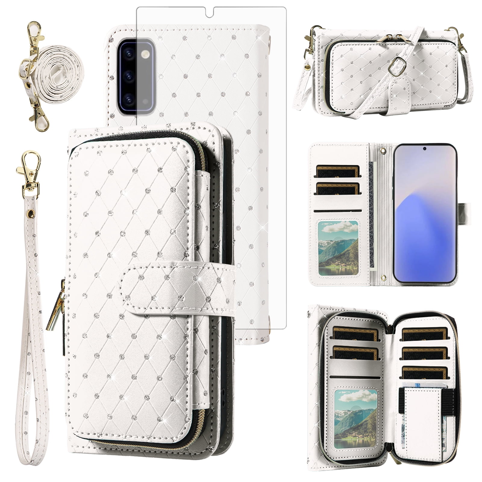 Asuwish Wallet Phone Case for Samsung Galaxy Note 20 5G Tempered Glass Screen Protector Bling Glitter Crossbody Lanyard Strap Flip Zipper Purse Card Holder Cell Cover Note20 Notes 20s Women White