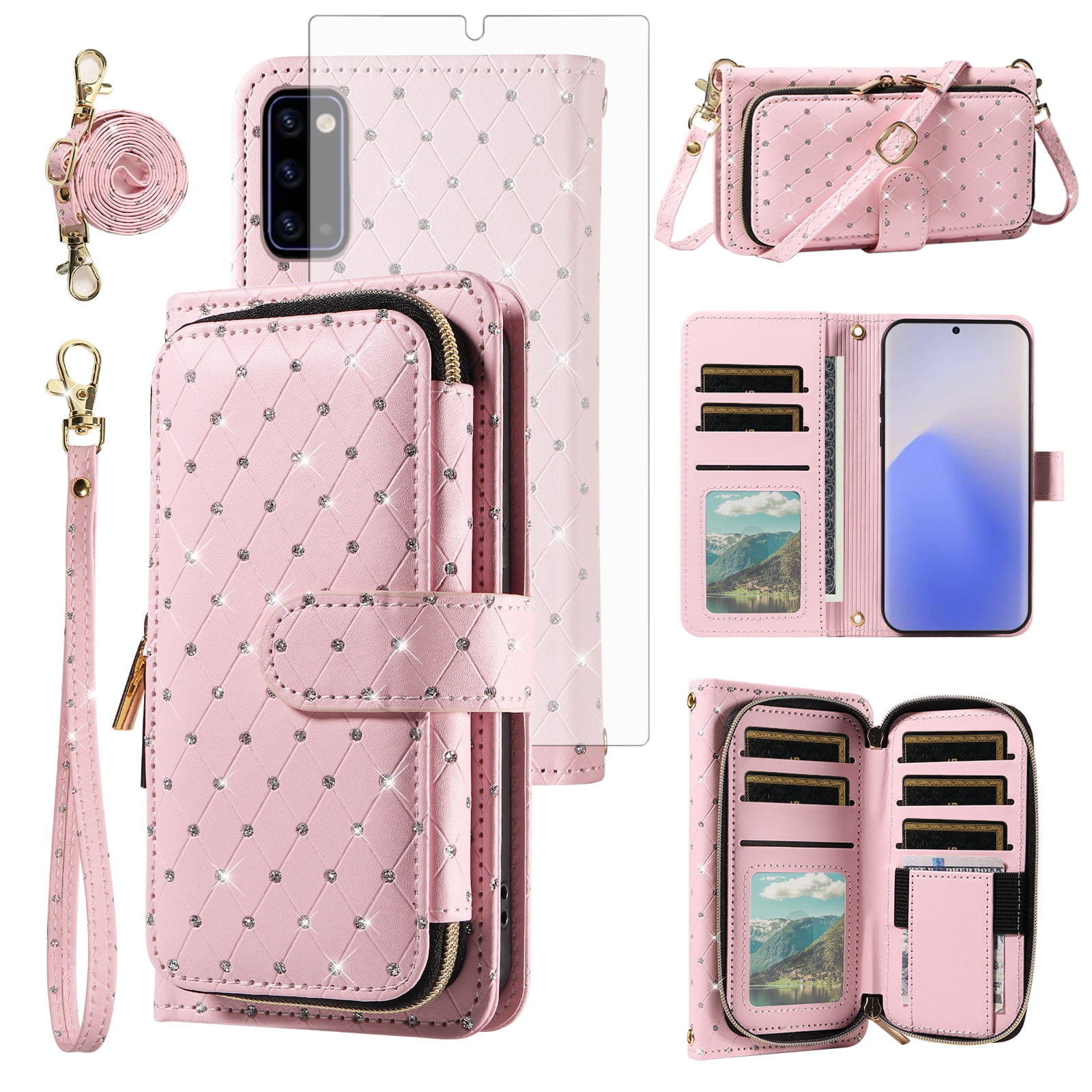 Asuwish Wallet Phone Case for Samsung Galaxy Note 20 5G Tempered Glass Screen Protector Bling Glitter Crossbody Lanyard Strap Flip Zipper Purse Card Holder Cell Cover Note20 Notes 20s Women Pink
